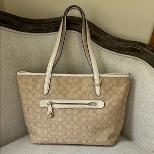 Coach Tan Canvas Tote Bag with Leather Trim